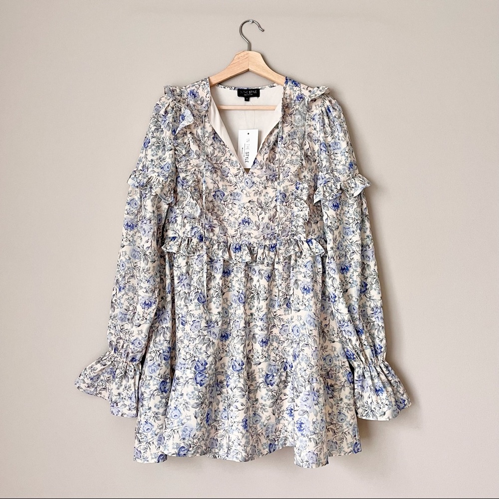 NWT {In The Style} Blue Floral Long Sleeve Frill Dress